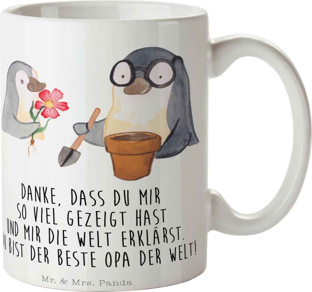 Mr. & Mrs. Panda Kaffeebecher Pinguin Opa Blumen pflanzen - Weiß - Geschenk, Opi, Vatertag, Kaffeetasse, Teepott, Tasse, Teetasse, Becher, Gärtner