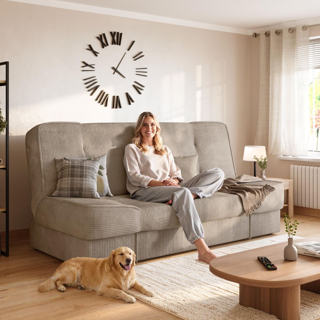 BroMARKT Sofa mit Schlaffunktion TOLIA Schlafsofa mit Bettkasten Klappsofa Couch 190x115 cm Beige Cordstoff