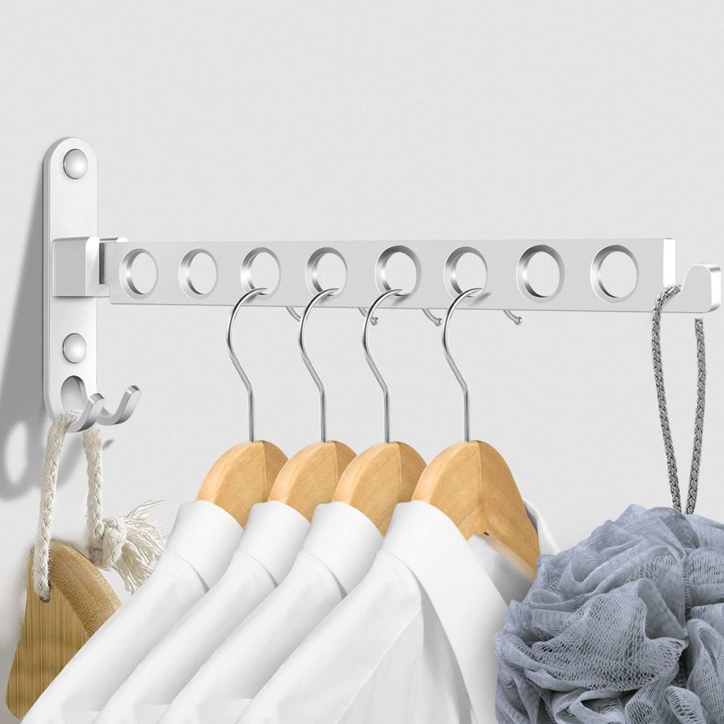 Klappbare Kleiderhaken, Wandregal, Kleiderständer, Wandhaken, Klapphaken für Balkon, Badezimmer, Waschküche (silber, 8 Löcher)