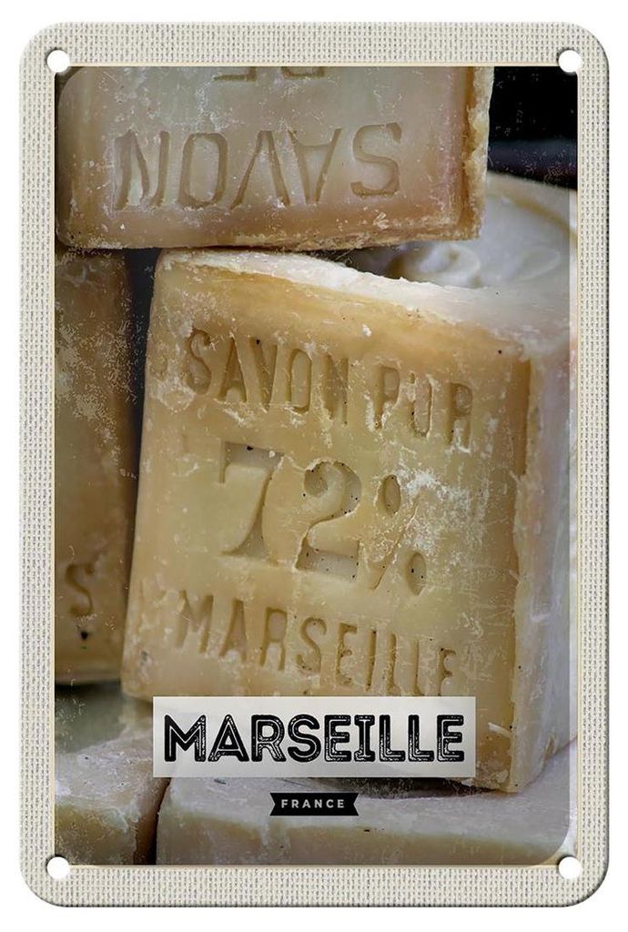 Blechschild Reise 12x18cm Marseille France Savon pur 72% Dekoration