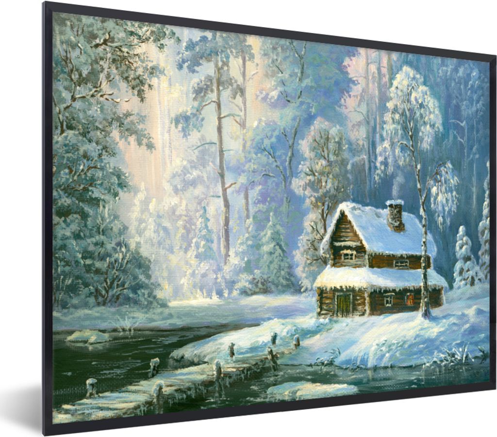 MuchoWow MuchoWow Gerahmtes Poster Winter - Streichen - Haus 80x60 cm - Poster mit zchwarzem Bilderrahmen - Schwarzem - Mit Gestell