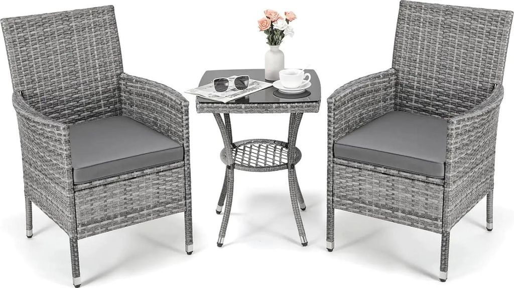 Rattan Gartenmöbel - 3-teiliges Bistro-Set - 2 Stühle + Tisch - Mit Kissen - Modernes Design - Dunkelgrau