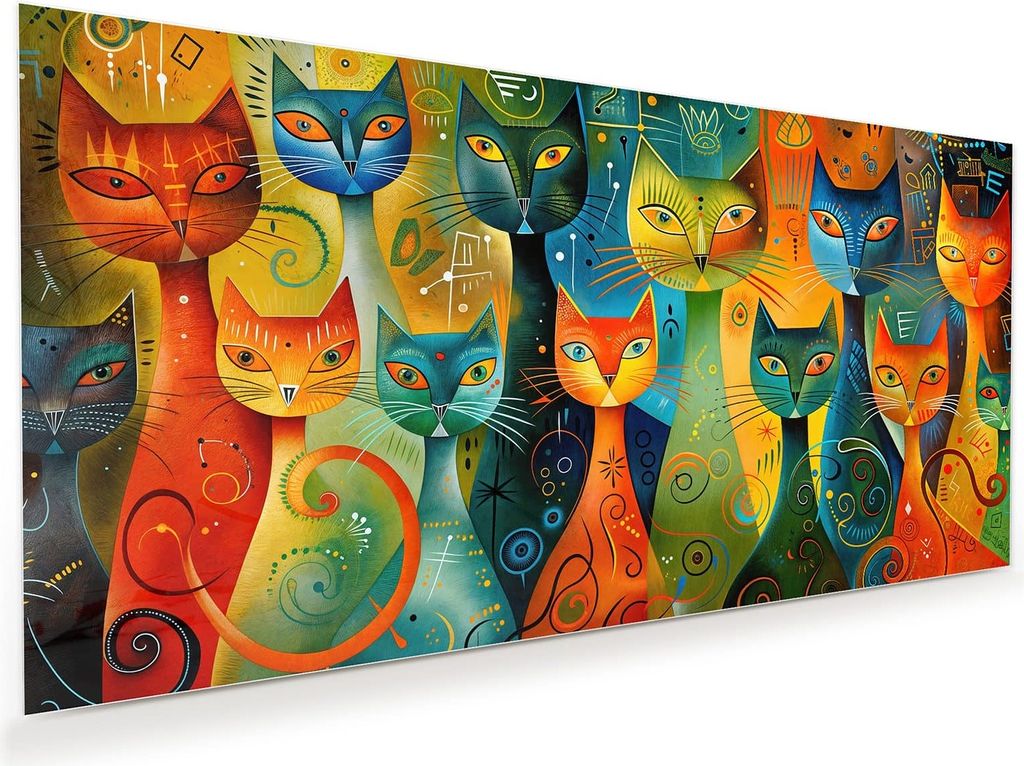 Glasbild 100x50cm in XXL für Wohnzimmer, Schlafzimmer Motiv Bunte Katzenkunst