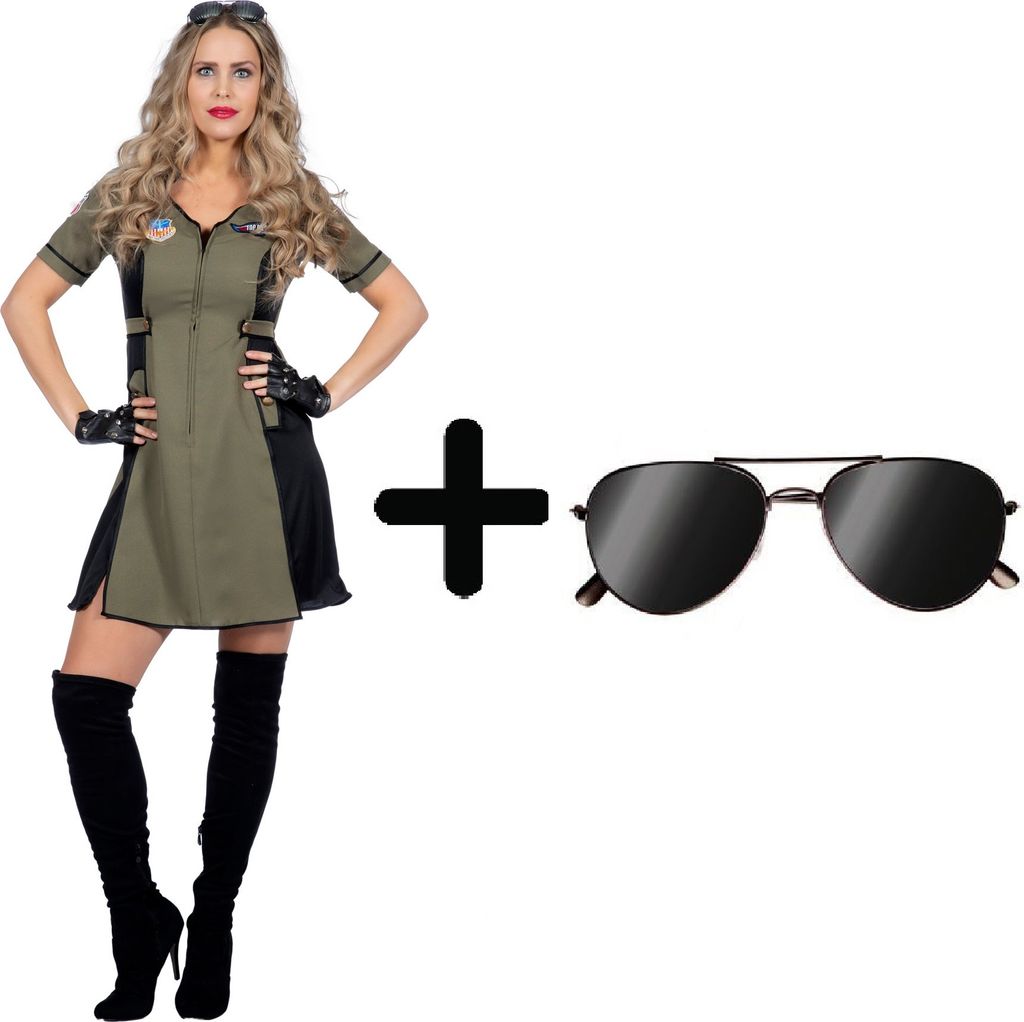 W4900-46+B02531 grün-schwarz Damen Kampfpilot Kleid mit Brille Top Pilot Gr.46
