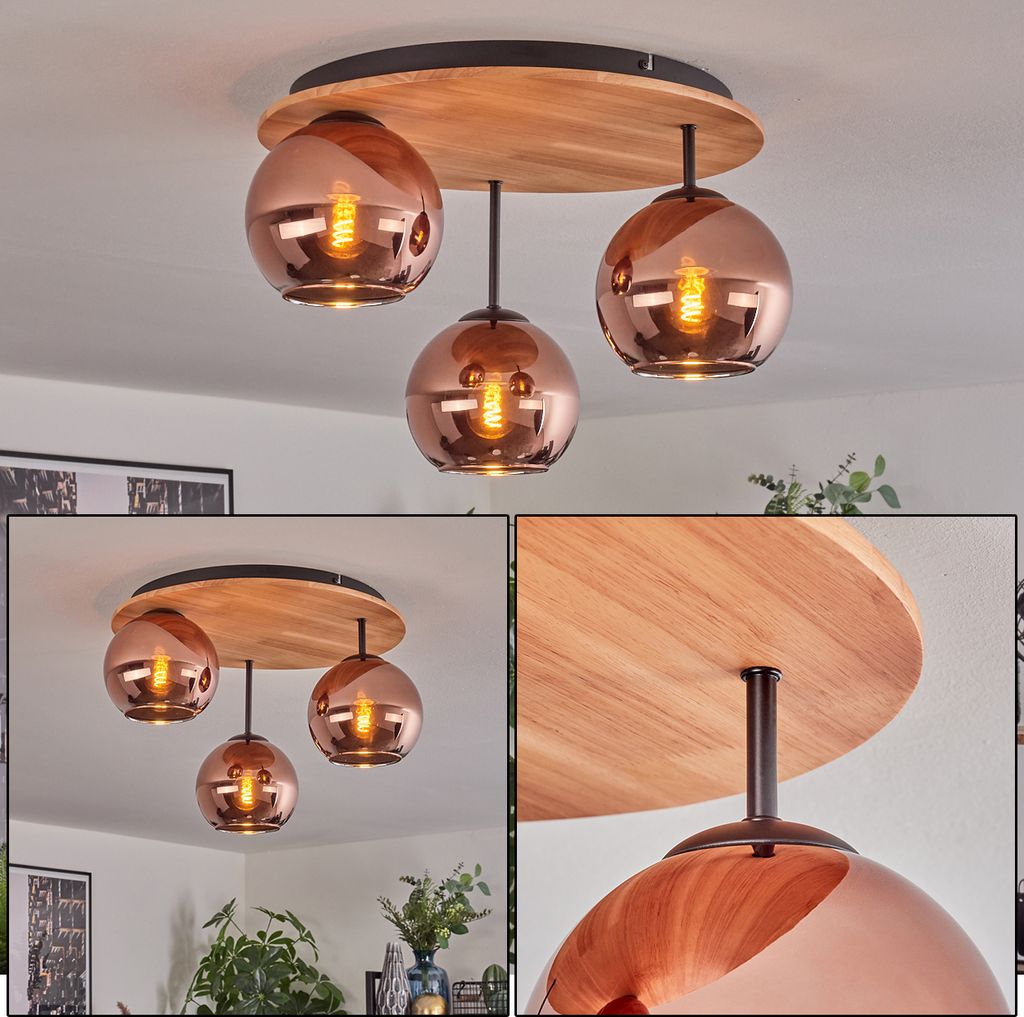 Cesaro Deckenlampe aus Metall/Holz/Glas in Schwarz/Natur/Kupferfarben