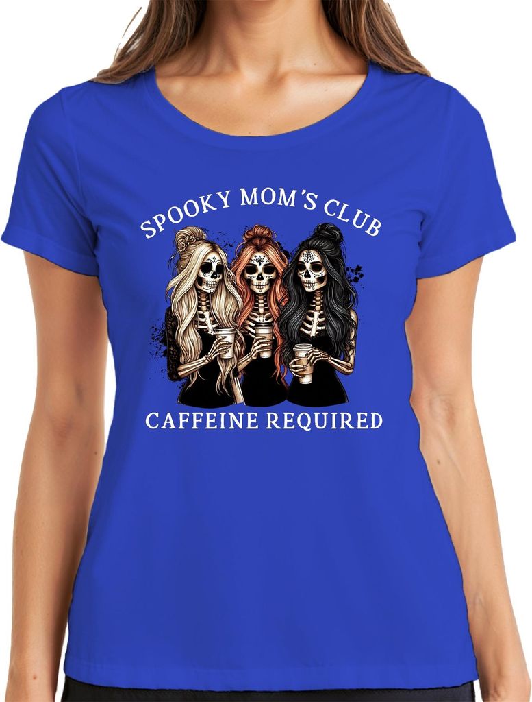 Spooky Moms Club Kaffee Mama Halloween Skelett Gothic Kaffeeliebe Damen T-Shirt, Blau, XL
