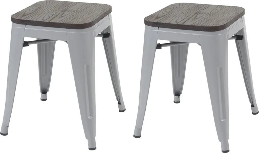 Sgabelli Industrial HWC-A73 Grigio Metallo con Sedile Legno Set 2