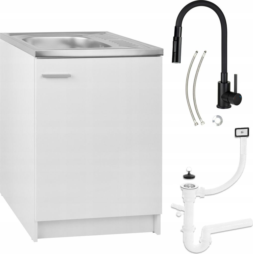 Küchenunterschrank Weiß 60x60 mit Edelstahl Spüle Küchenarmatur Deante Schwarz Ausziehbar 2-Funktion Geschirrspüler-Siphon