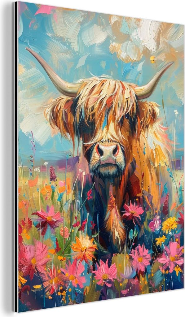 MuchoWow Wanddekoration Metall Metallbild Wandkunst 60x80 cm Schottische Hochlandrind - Natur - Farbenfroh - Blumen MuchoWow Aluminium Gemälde - W...