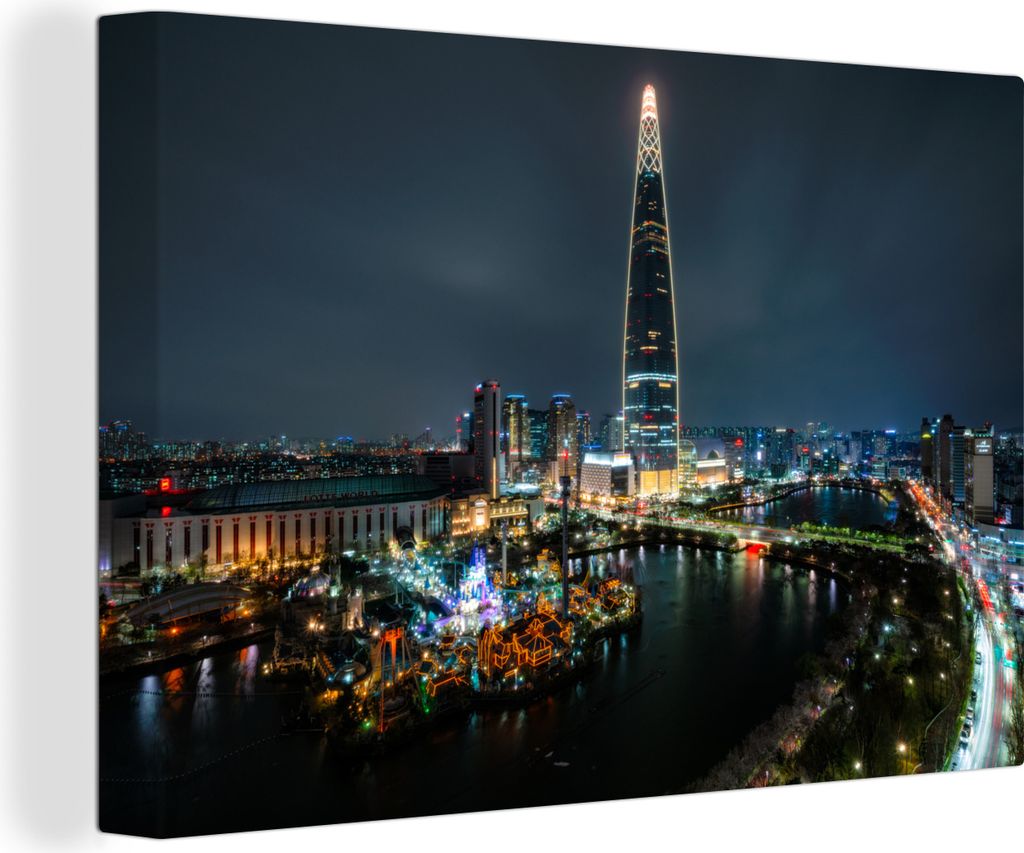 OneMillionCanvasses - Leinwandbilder - 140x90 cm, Der Lotte World Tower in Seoul bei Nacht, Wandbilder Kunstdruck Wanddekoration - Foto auf Leinw...
