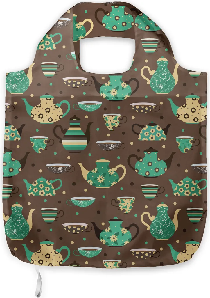 ABAKUHAUS Borsa per tè in tessuto, tazze e teiere a pois, pratiche borse per la spesa di uso quotidiano, verde mare, marrone, beige