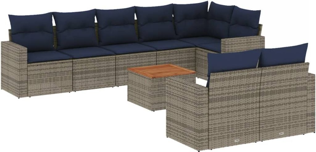 9-tlg. Garten-Sofagarnitur mit Kissen Grau Poly Rattan