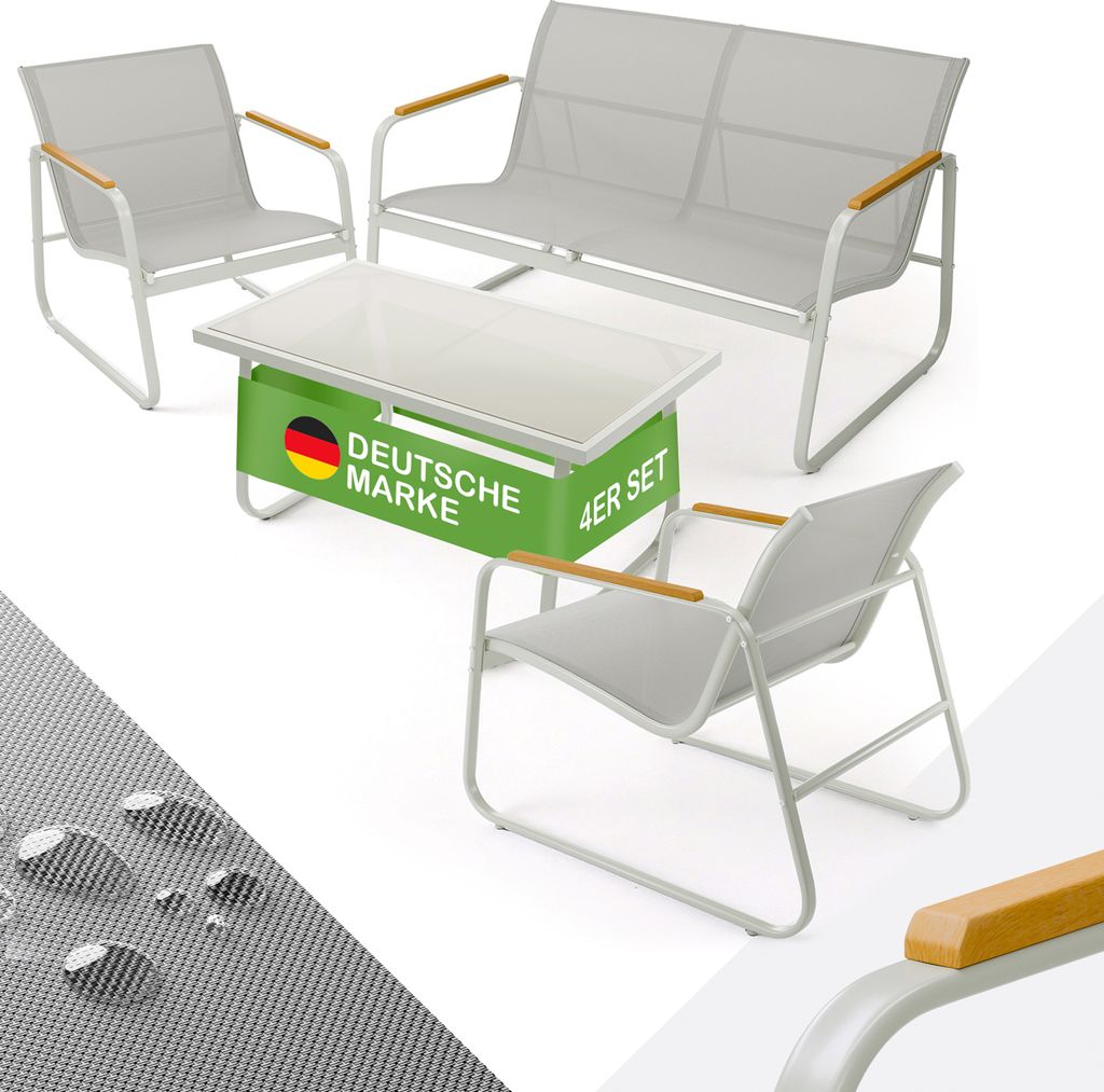 Blumtal Gartenmöbel Set 4er - Balkonmöbel Set für 4 Personen - 2 x Sessel + 1 x Bank + 1 x Tisch - Terrassenmöbel außen - Gartenlounge Grau