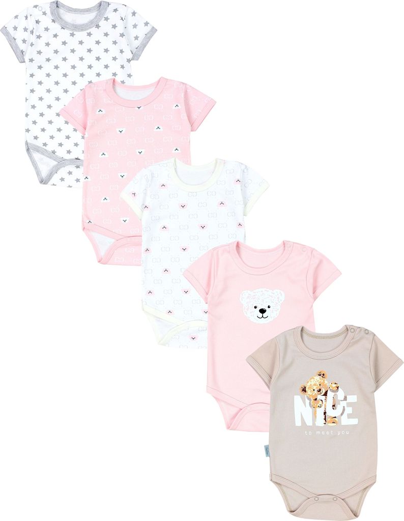 TupTam Mädchen Baby Body Kurzarm in Unifarben - 5er Pack, Farbe: Bärchen Rosa Weiß Sterne Grau Nice Teddy Beige, Größe: 92