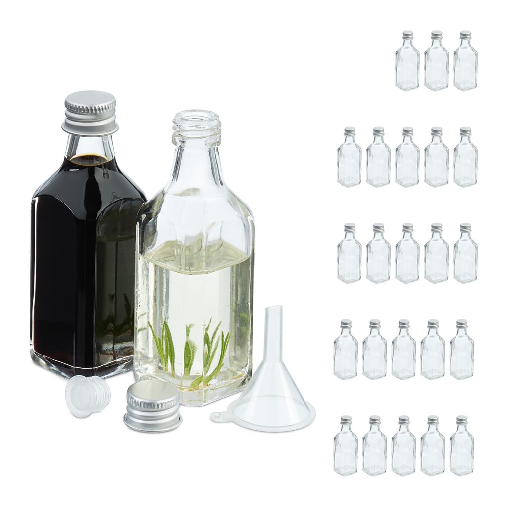 Relaxdays kleine Flaschen, 25er Set, 50 ml, Glasflaschen zum Befüllen, Schraubverschluss & Korken, transparent/silber