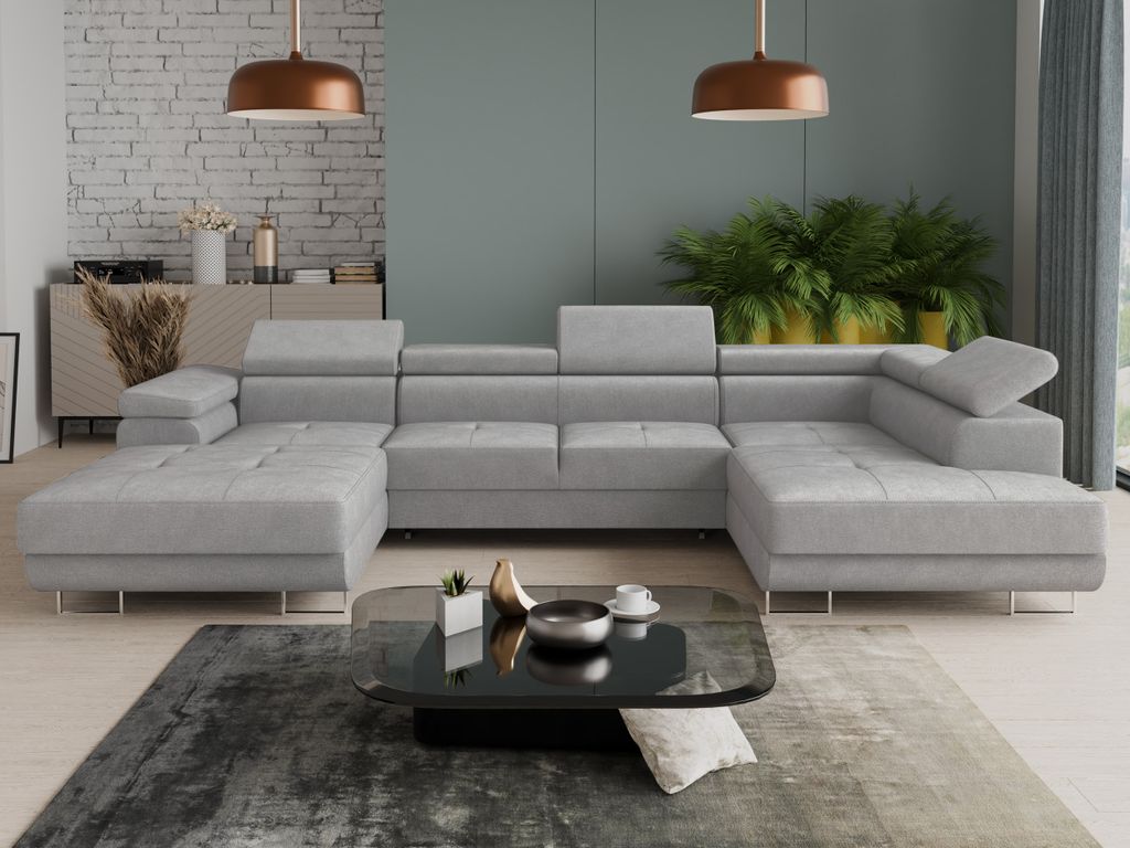 Wohnlandschaft Caris U mit Schlaffunktion und einstellbare Kopfstützen, Ecksofa mit zwei Bettkästen, Couch, Sofa, Bettsofa (Grau (Paros 05), Ecks...