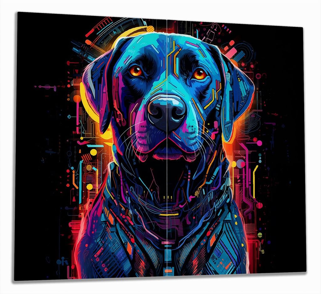 Wallario Herdabdeckplatte aus Glas, Größe 60 x 52 cm 2-teilig, Motiv Cyber-Labrador