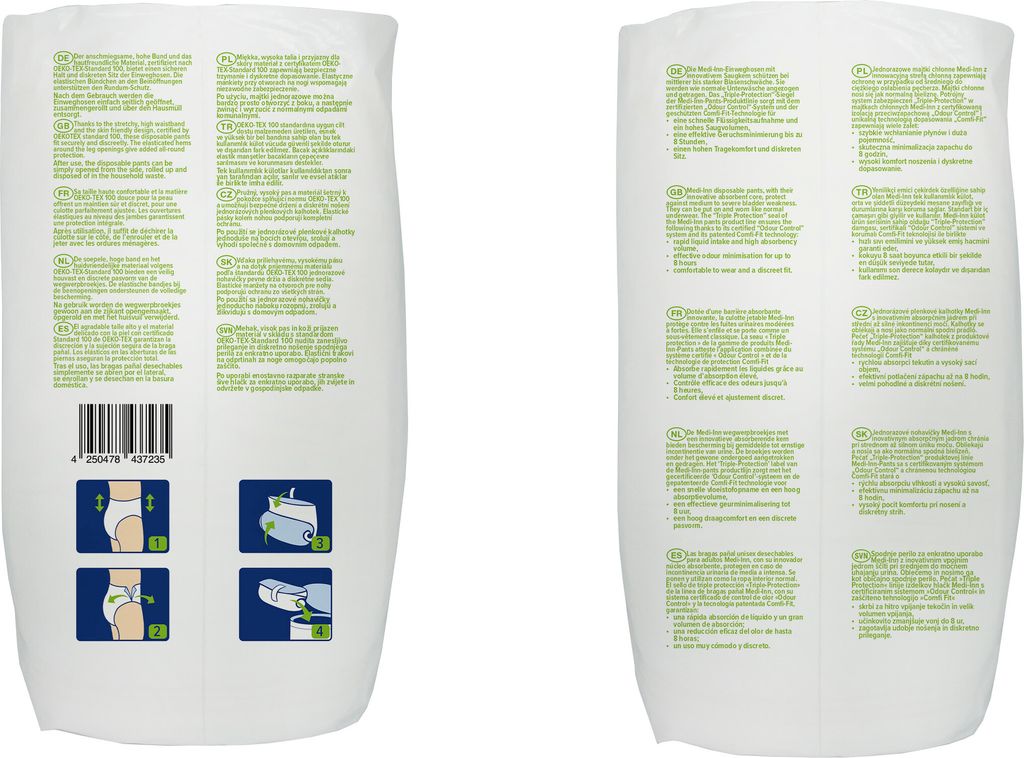 Two packages of incontinence pants shown side-by-side against a white background.