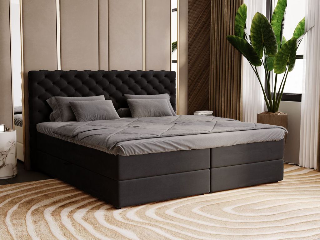 GrainGold Boxspringbett Bergamo 180x200 - Bett mit Matratze und Topper - Boxspringbett mit Bettkasten, Doppelbett mit Matratze - Boxspringbett schw...