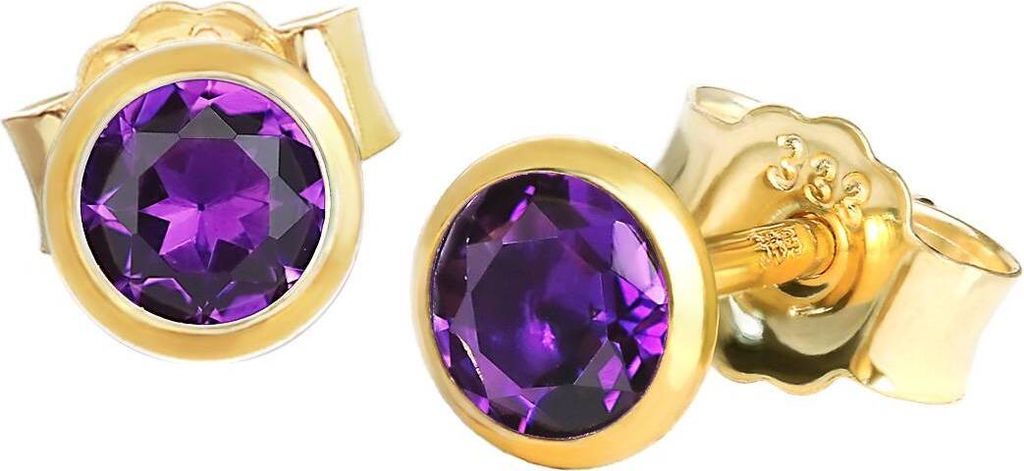 Paar Ohrstecker Echt Amethyst Gelbgold 333 8 Karat Gold 4,0mm Kleine Ohrringe