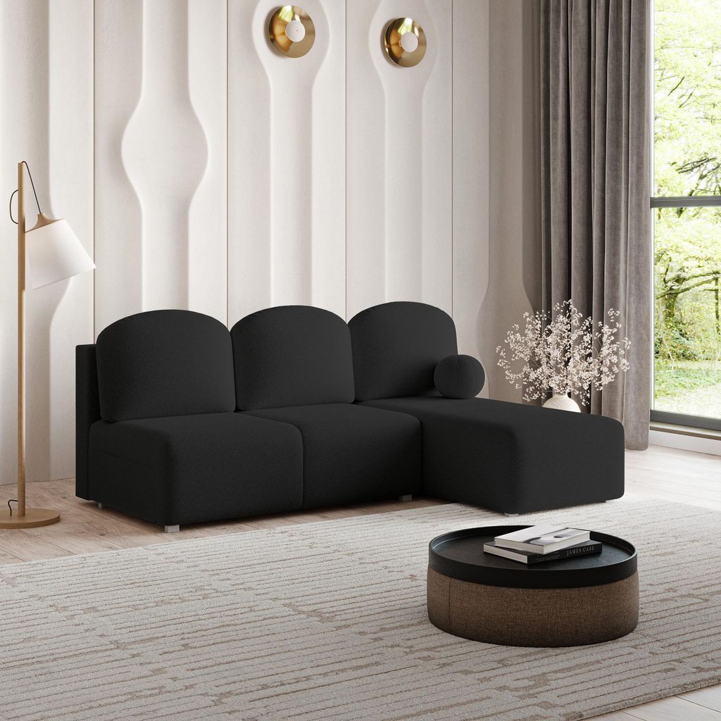 Masseno Ecksofa TRAMA mit Schlaffunktion L-Form, Sofa mit Bettkasten, Wohnzimmersofa, Couch, Soffa, Bettsofa, Couchgarnitur- Schwarz, QUELLE 100