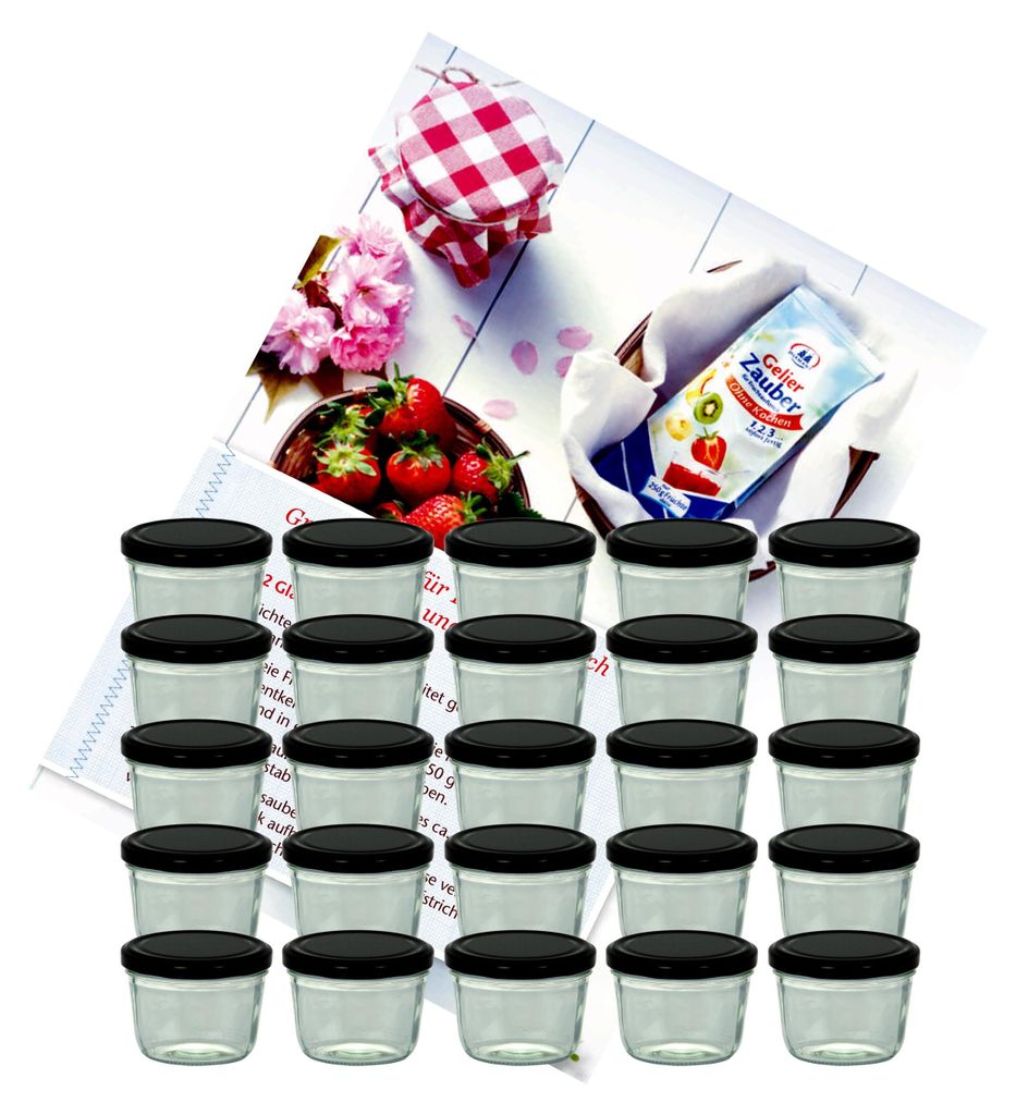 A set of small glass jars with black lids, along with ingredients for making jam, including strawberries, a packet of gelling sugar, and a checkered cloth.