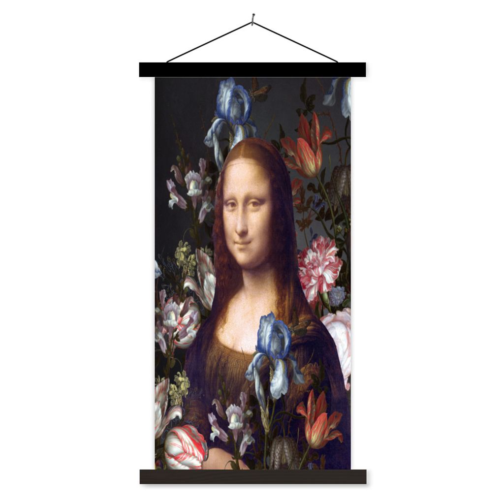 MuchoWow Textilposter Mona Lisa - Da Vinci - Blumen 90x180 cm mit schwarzem Rahmen - Dekoration Wohnzimmer