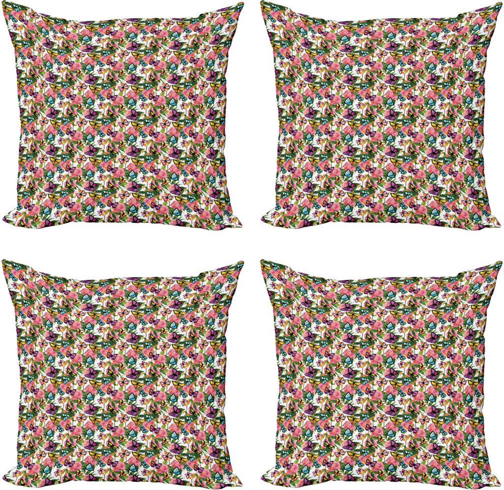 ABAKUHAUS Dusty Blau Kissenbezug Set (4 Stück), Zarte Blumen-Muster, Moderner Doppelseitiger Digitaldruck, 40 cm x 40 cm, Mehrfarbig