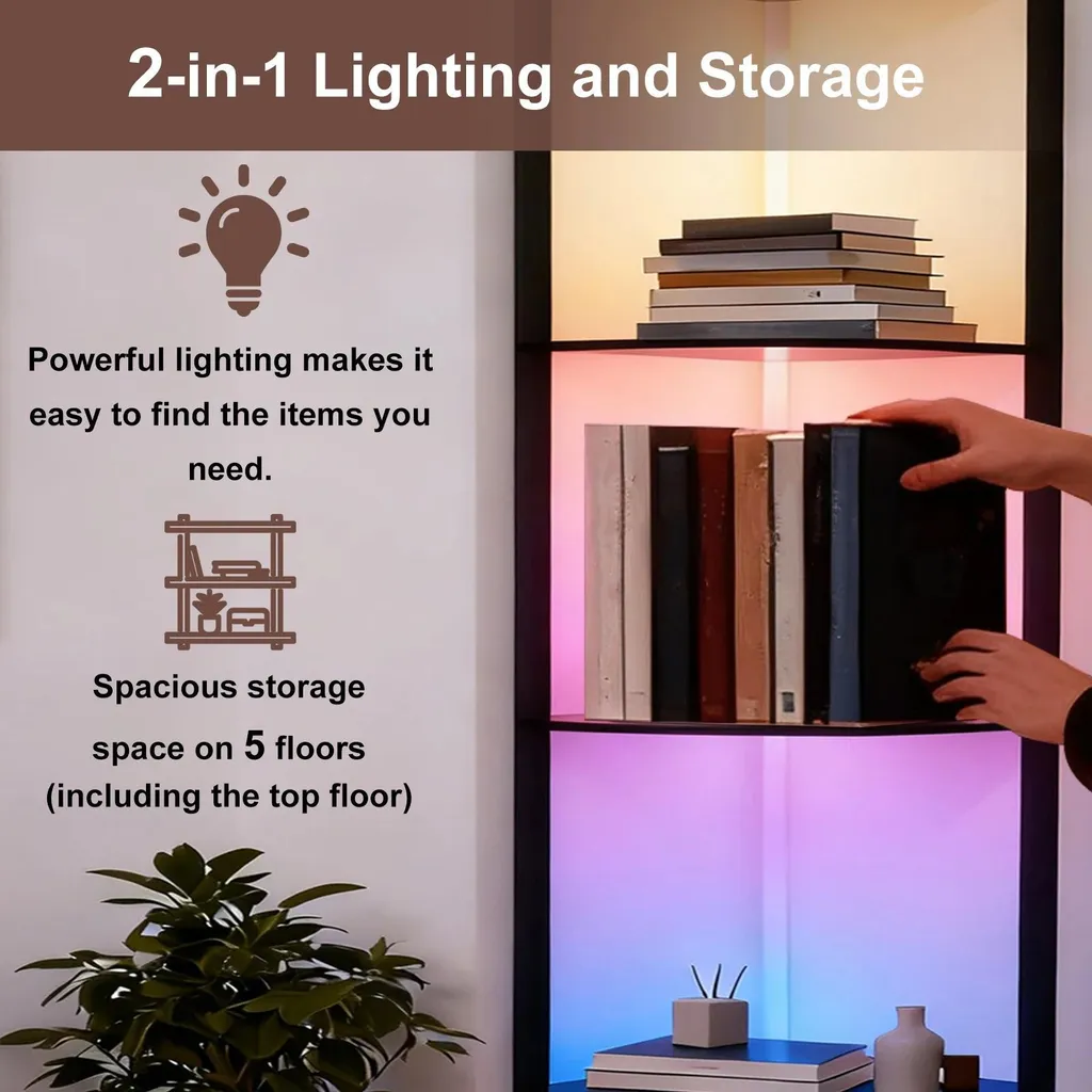 Lampadaire d'angle à étagères 5 niveaux 162 cm RGB avec télécommande
