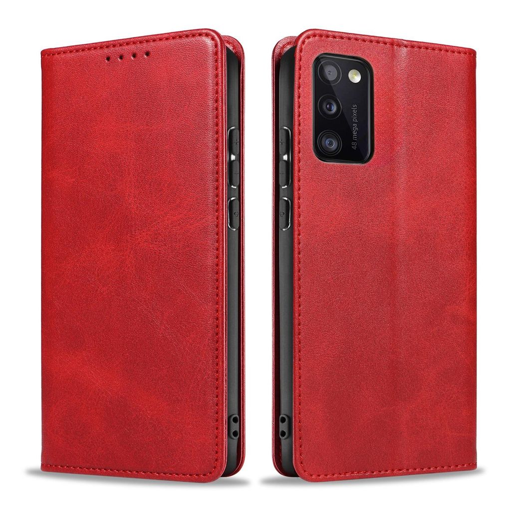 A red flip phone case for a Samsung Galaxy A41 is shown from two angles against a white background.