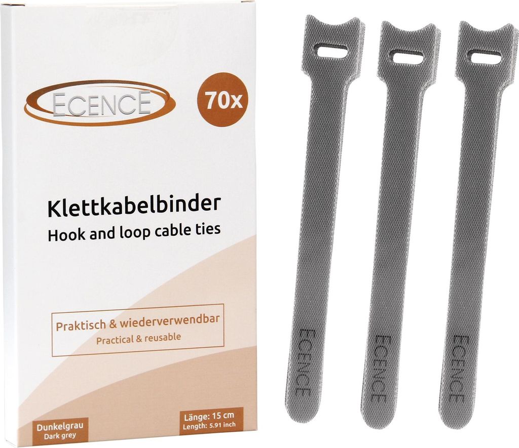 ECENCE Klettband Kabelbinder wiederverschließbar 70 Stück Klett Kabelbinder 15x1,2cm Grau Kabelkl