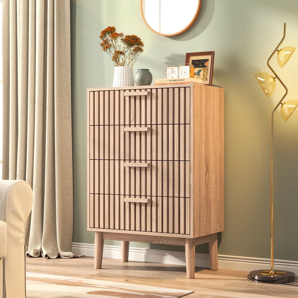 Moderne Kommode aus Holz und Rattan mit 4 Schubladen, multifunktionales Aufbewahrungsmöbel für Schlafzimmer, Wohnzimmer, Flur, elegantes und komp...