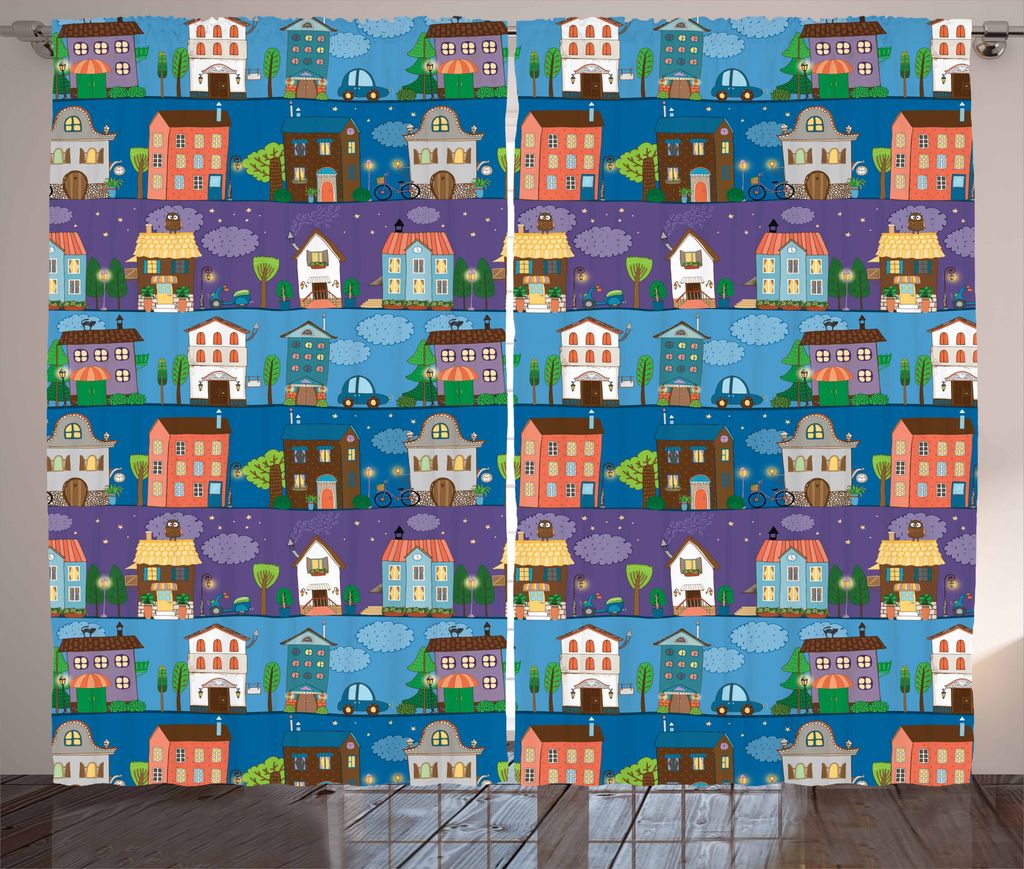 ABAKUHAUS Städtisch Rustikaler Gardine, Hand gezeichnete Häuser, Schlafzimmer Kräuselband Vorhang mit Schlaufen und Haken, 280 x 175 cm, Mehrfarbig