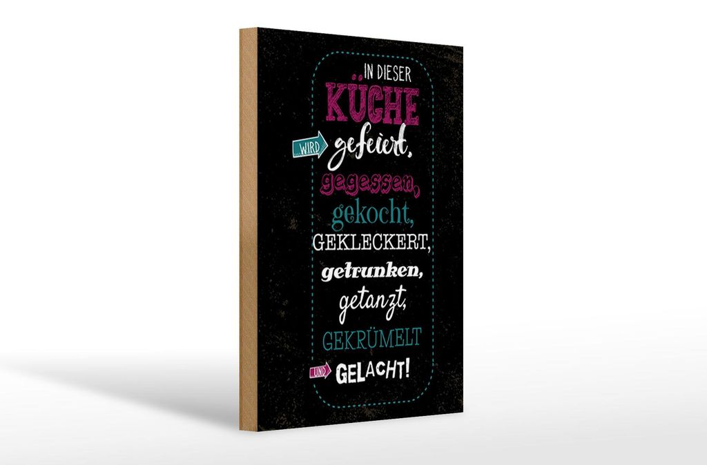 Holzschild In dieser Küche wird gefeiert usw., 20 x 20 cm, Holzschilder Spruch Küche