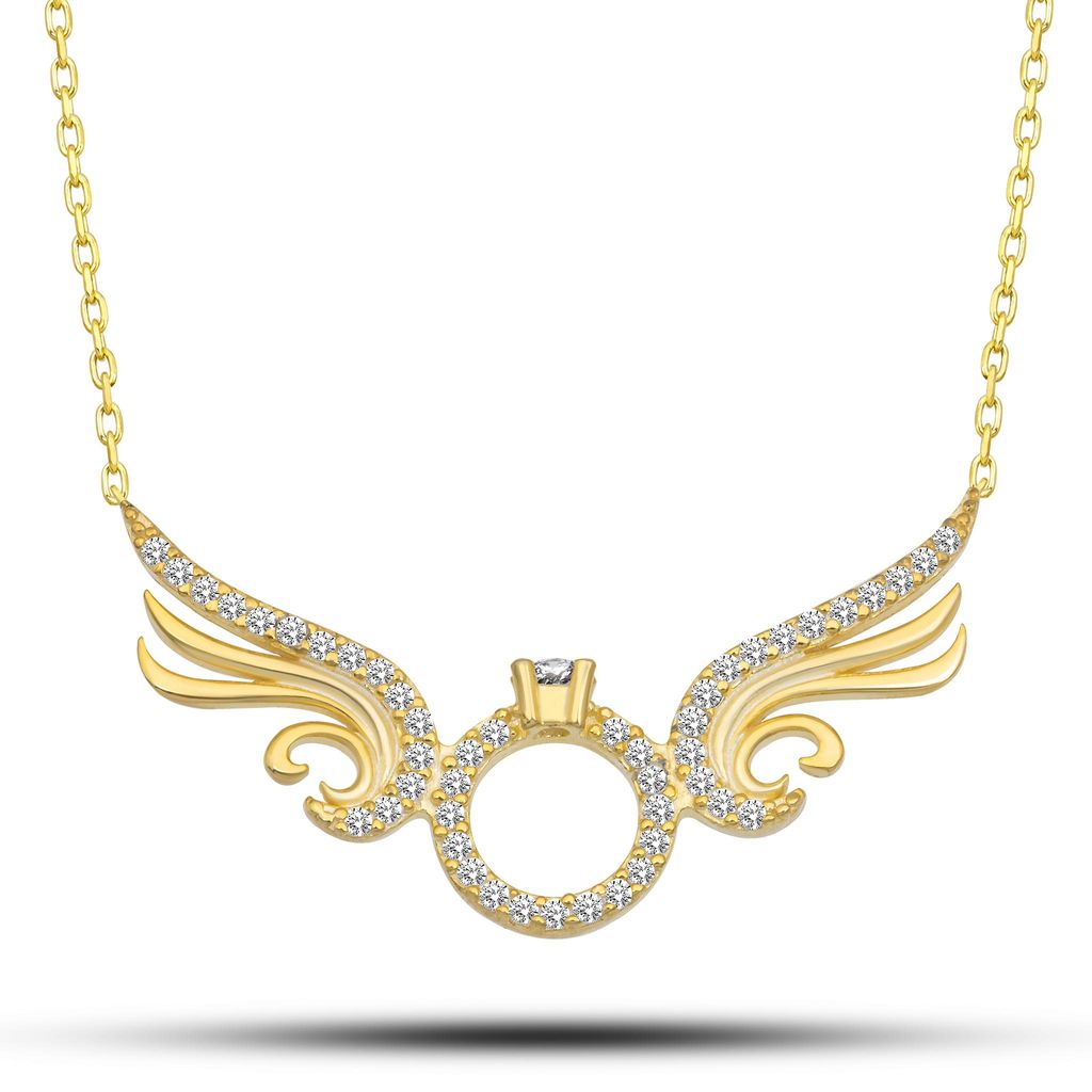 Edle 925 Silber Kette Gold – Elegante Halskette mit Flügeln & Solitärring-Anhänger