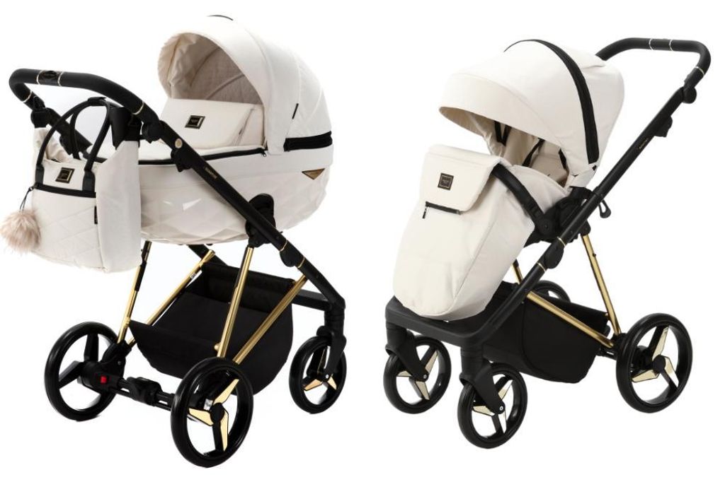 Adamex Quantum Kinderwagen 3in1 Beige Star Black/Gold – leichter Luxus-Kinderwagen mit Babywanne, Sportsitz & komplettem Zubehörset