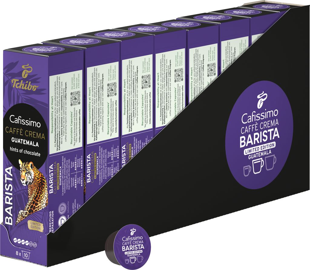 Tchibo Cafissimo Caffè Crema Barista Guatemala Kaffeekapseln, 80 Stück – 8x 10 Kapseln (Caffè Crema, mit einem Hauch von Schokolade), nachhalt...
