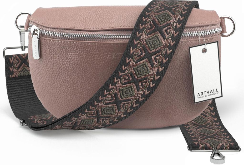 ARTVALL - Umhängetasche aus Leder, Klein mit verstellbarem Schultergurt, abnehmbares Taschenband, Crossbody Bag in Rosa