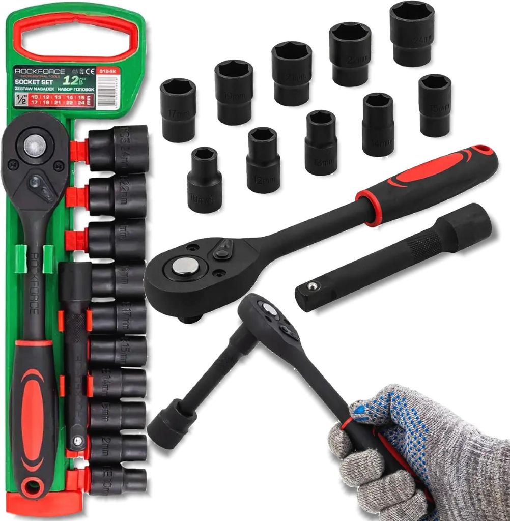 ROCKFORCE 1/2" Steckschlüsselsatz 12-teilig mit Ratsche und Verlängerung