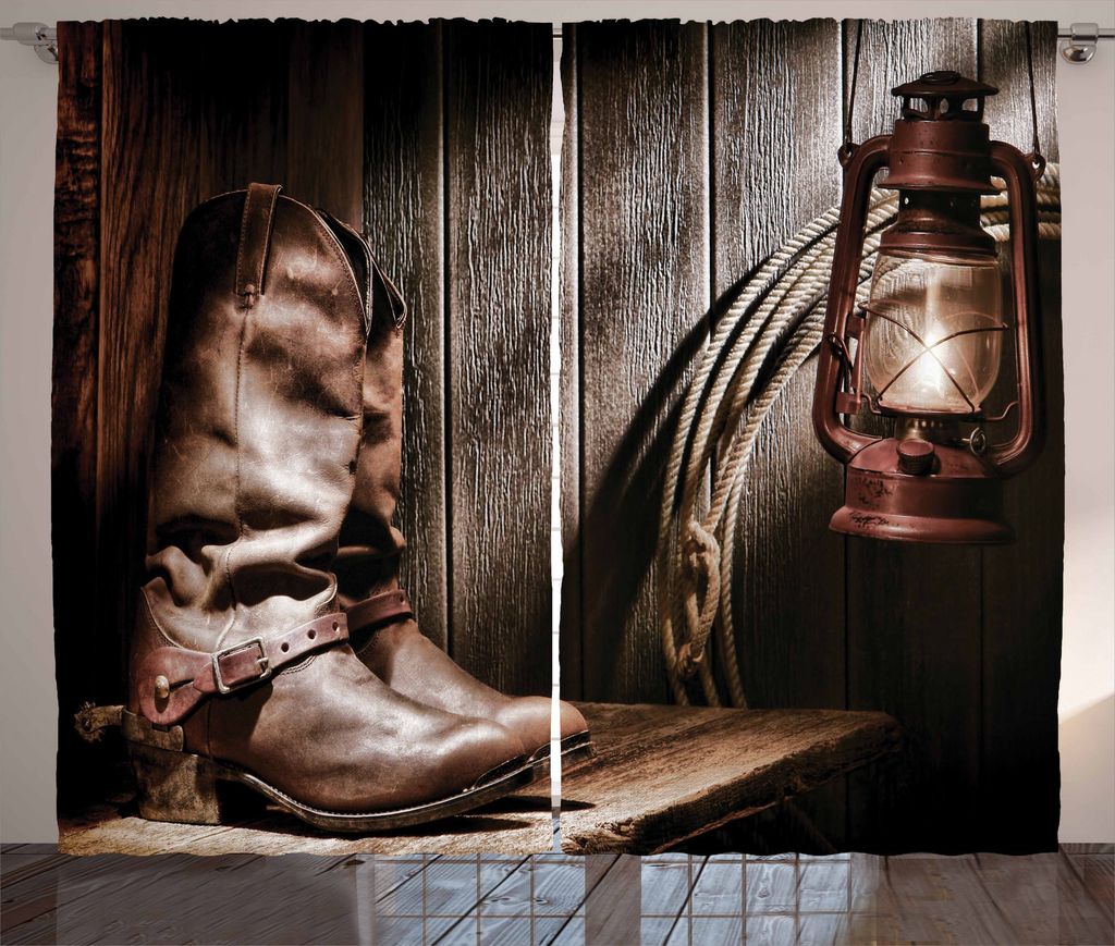 ABAKUHAUS Western Rustikaler Vorhang, Vintage Cowboy-Bank, Wohnzimmer Universalband Gardinen mit Schlaufen und Haken, 280 x 225 cm, Braun