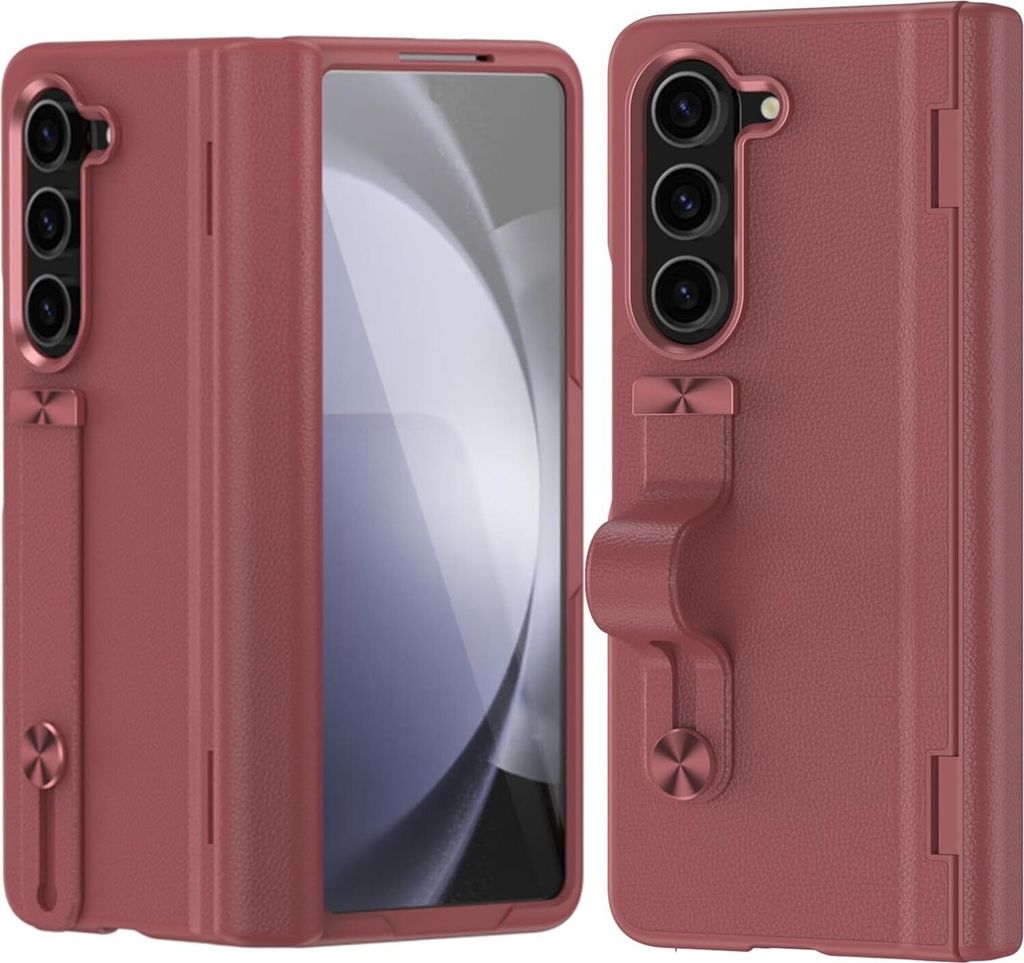 Schutzhülle für Samsung Galaxy Z Fold 5 mit Displayschutzfolie und Handschlaufe Ständer, Hart PolyurethanScharnier Handyhülle Rot