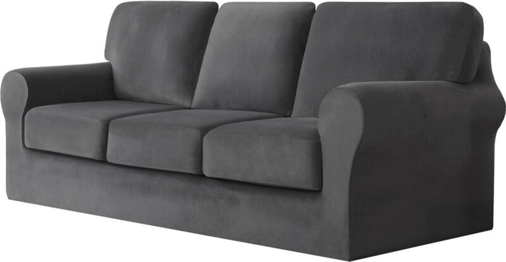 (Dunkelgrau) 7-teiliger Stretch-Sofabezug, 3-Sitzer-Couchbezug mit separaten Rückenlehnen und Kissen mit Gummiband