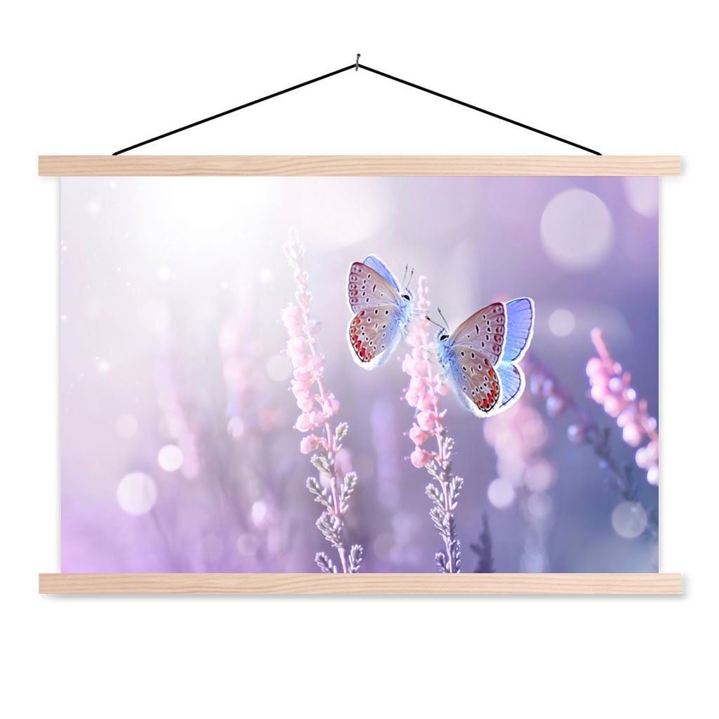 MuchoWow Textilposter Schmetterling - Lavendel - Blumen - Lila 120x80 cm mit holzfarbenen Rahmen - Aufhängeset