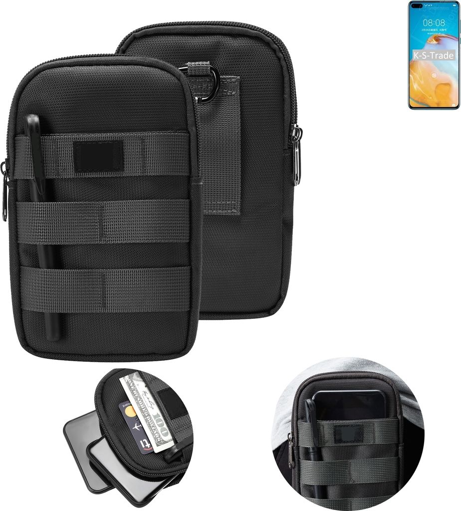 K-S-Trade Holster Gürtel Tasche kompatibel mit Huawei P40 4G Handy Tasche Schutz Hülle dunkel-grau viele Fächer, 1x