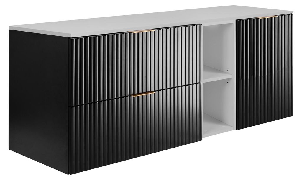 Badezimmer-Set: Schrank mit Schubladen, Schrank mit Türen und Regal 57×46×140 cm, Farbe: weiß/schwarz, Griff gold