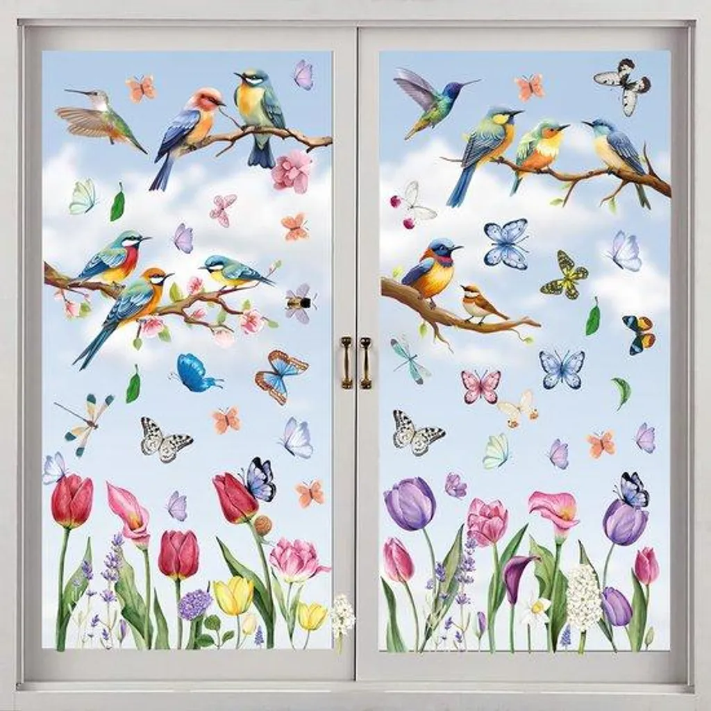 Lot de 9 Stickers Muraux Printaniers Oiseaux et Fleurs Autocollants