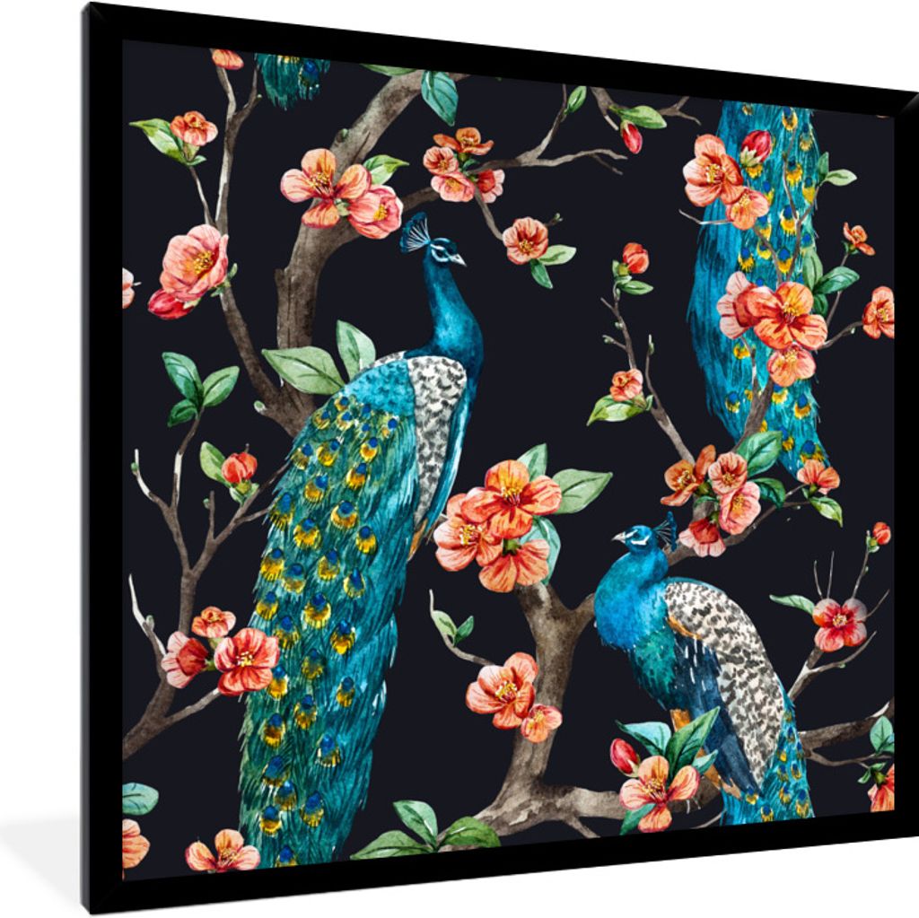 MuchoWow Gerahmtes Poster Muster - Pfau - Blüte - Schwarz 40x40 cm - Poster mit Schwarzem Bilderrahmen Wandposter Rahmen Foto Bilder - Mit Rahme...