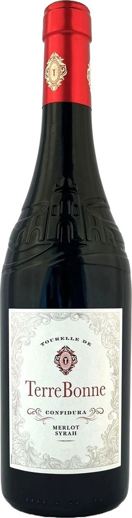 A bottle of TerreBonne Merlot Syrah wine against a white background.