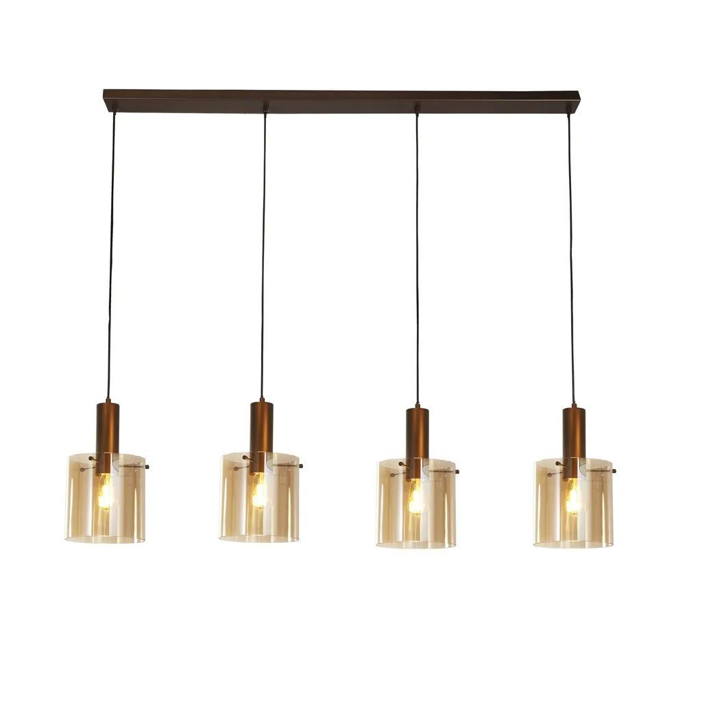 Luminaire Suspension de Type Barre avec 4 Verres Ambrés Finition Moka Chic