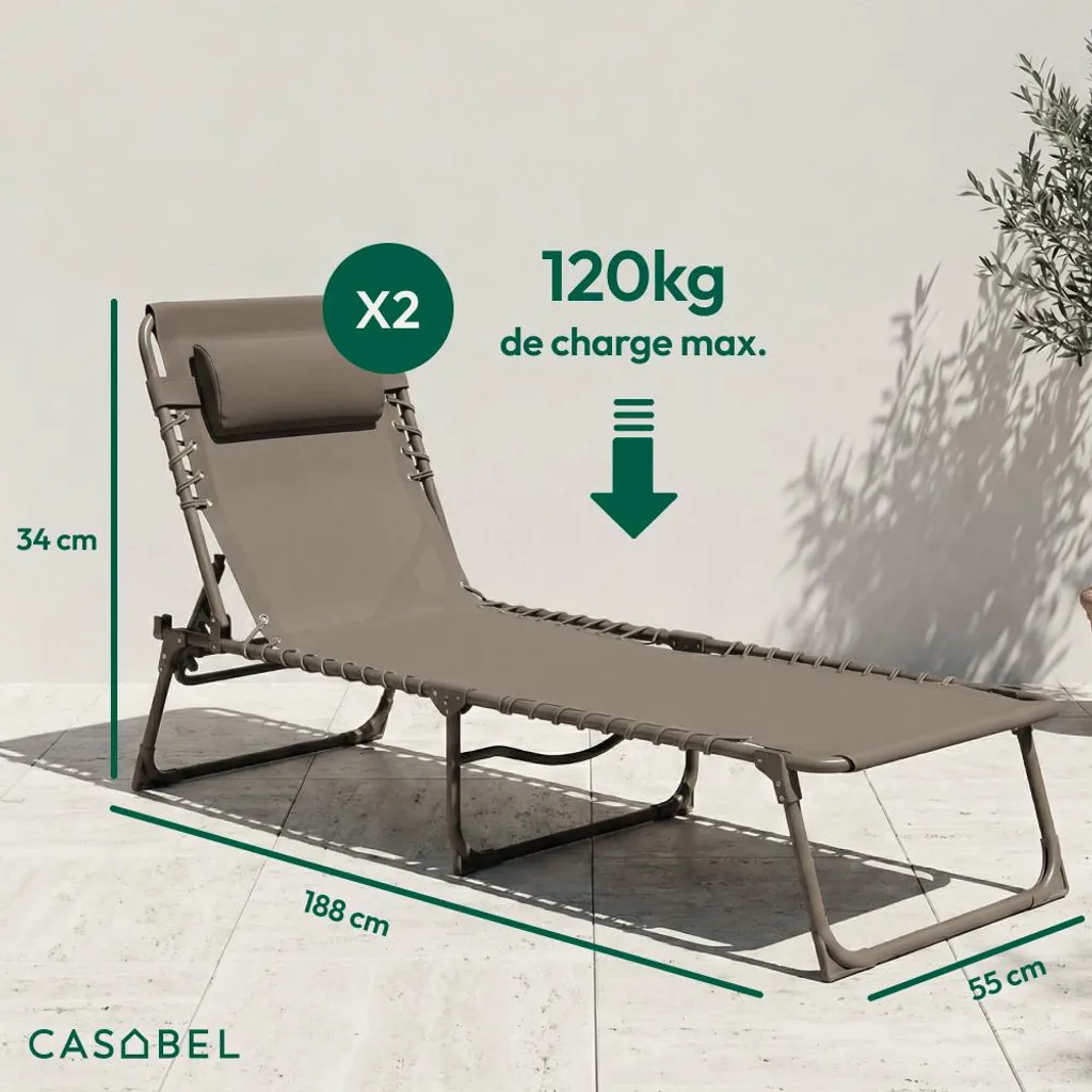 Transats Pliants pour Terrasse et Piscine Taupe - Pack de 2 Chaises CASABEL - 2